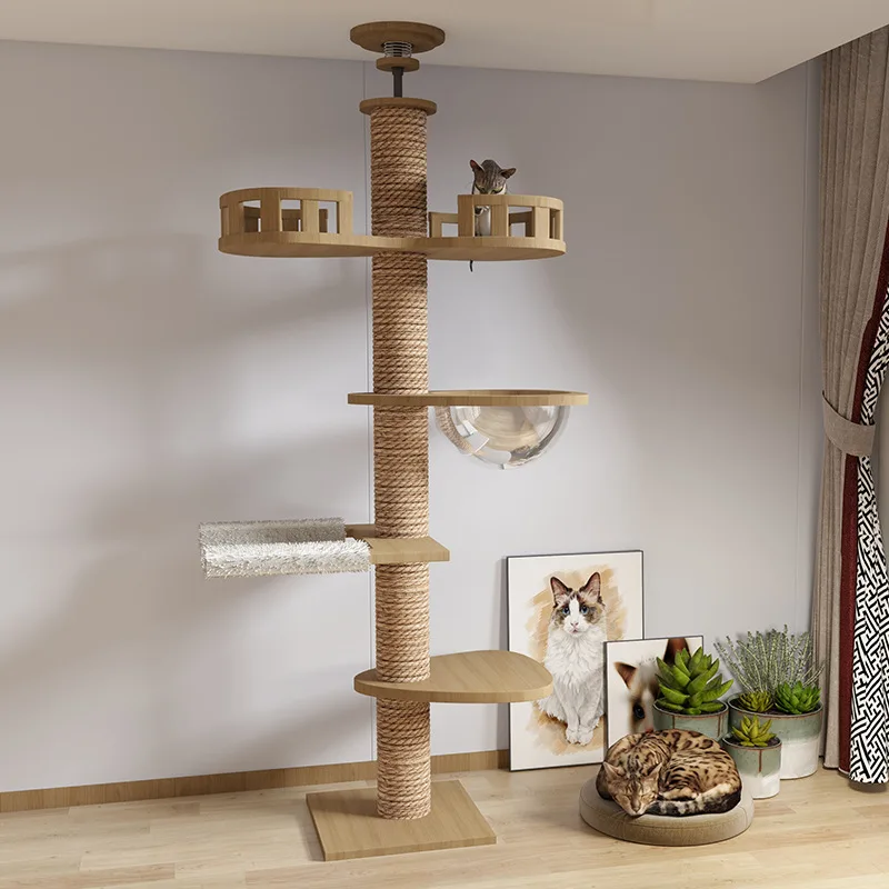 Árbol para Gatos de Madera Maciza, Color Natural, Gran Espacio, Nido para Gatos, Base Estable, Poste Rascador para Gatos de Interior, Estructura para Escalar, Mueble de Juego para Mascotas
