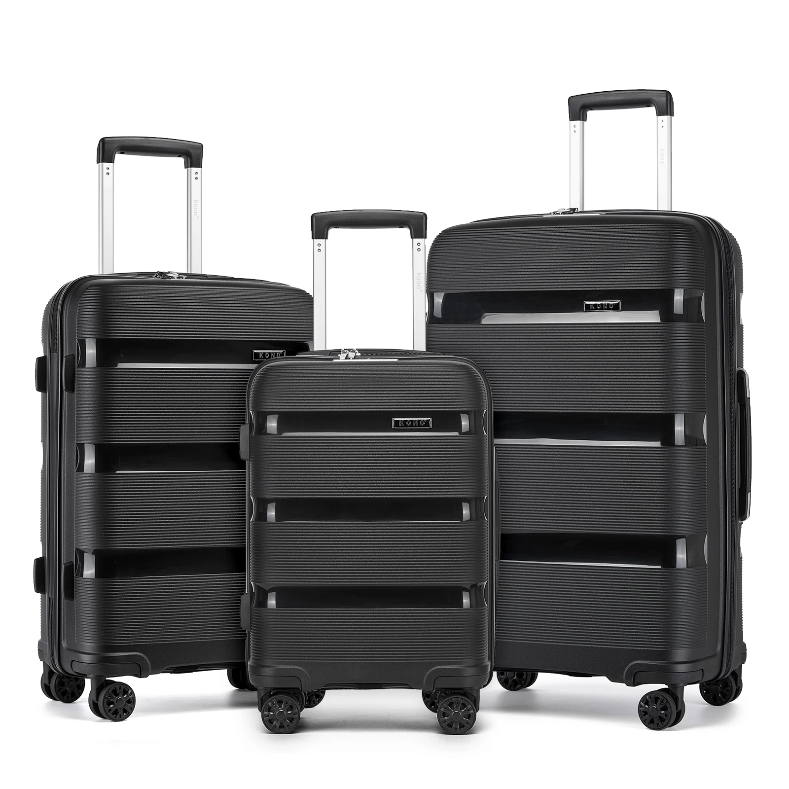 KONO 3-teiliges Hartschalen Kofferset aus Polypropylen, Kabinen- und Aufgabegepäck Trolley 55/65/75 cm mit 4 drehbaren 360° Spinnrädern und TSA-Zahlenschloss, Farben türkis / schwarz