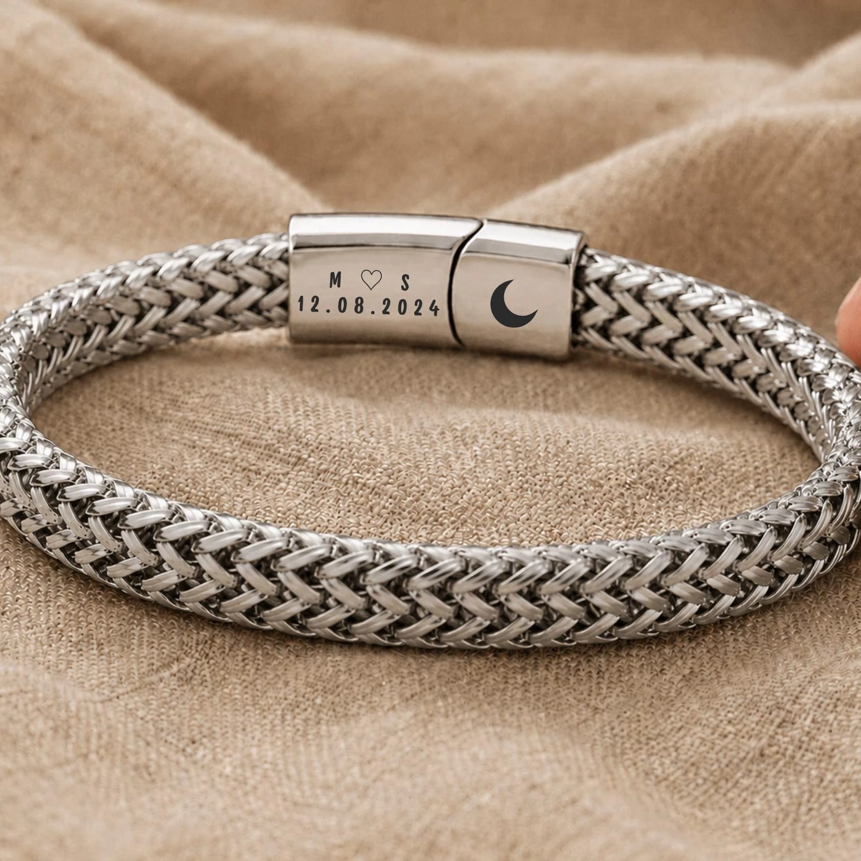 Personalized Engraved Name Bracelet Men Stainless Steel Braided Chain Clasp Custom Jewelry Father's Day Gift Dad Husband view 3