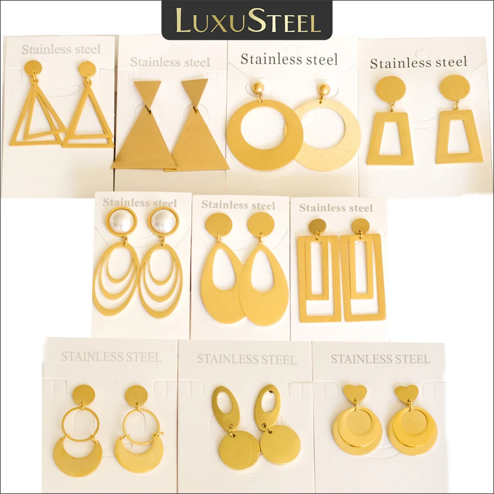 LUXUSTEEL Minimalist Geometric Dangle Earrings For Women Coin Charm Stainless Steel Metal Gold Color Exquisite Ear Jewelry