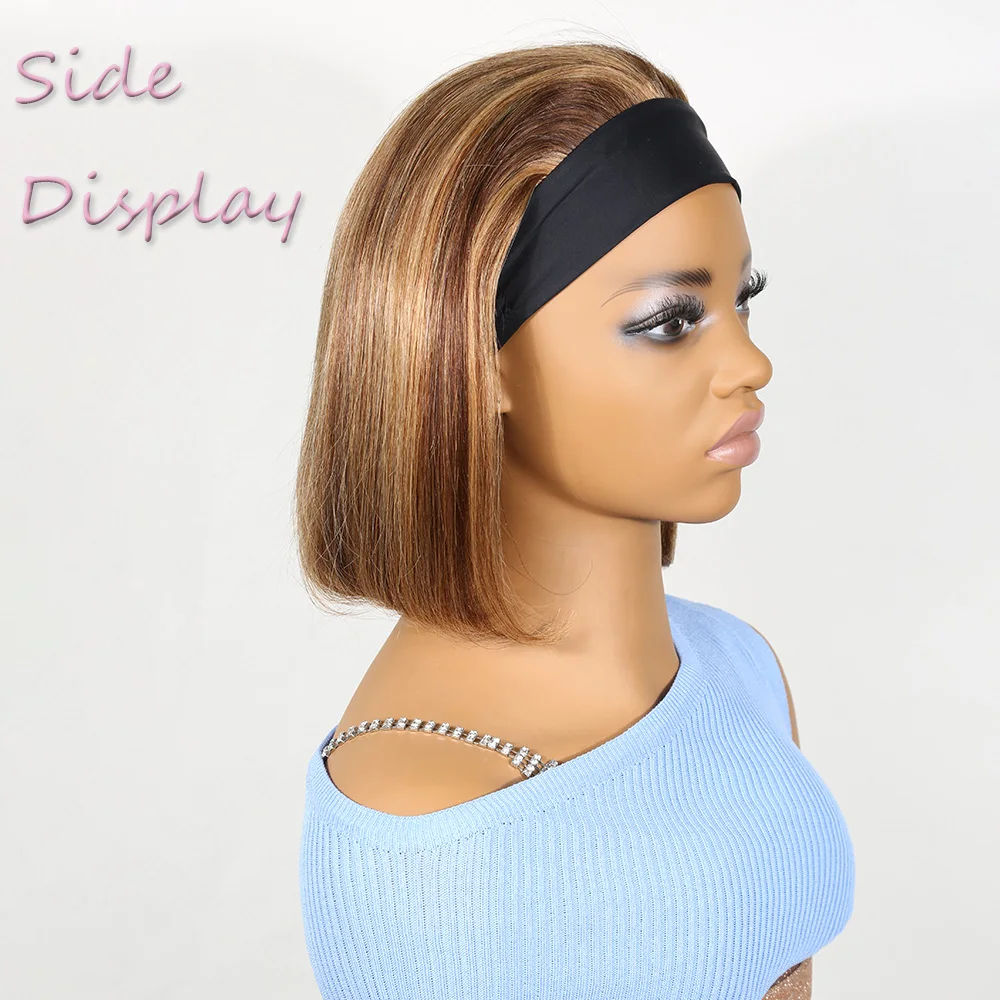 Short Bob Straight Headband Wigs 150% Density Brazilian Remy 100% Human Hair Wig Color 4P27 Bob Short Cut Headband Wig for Women