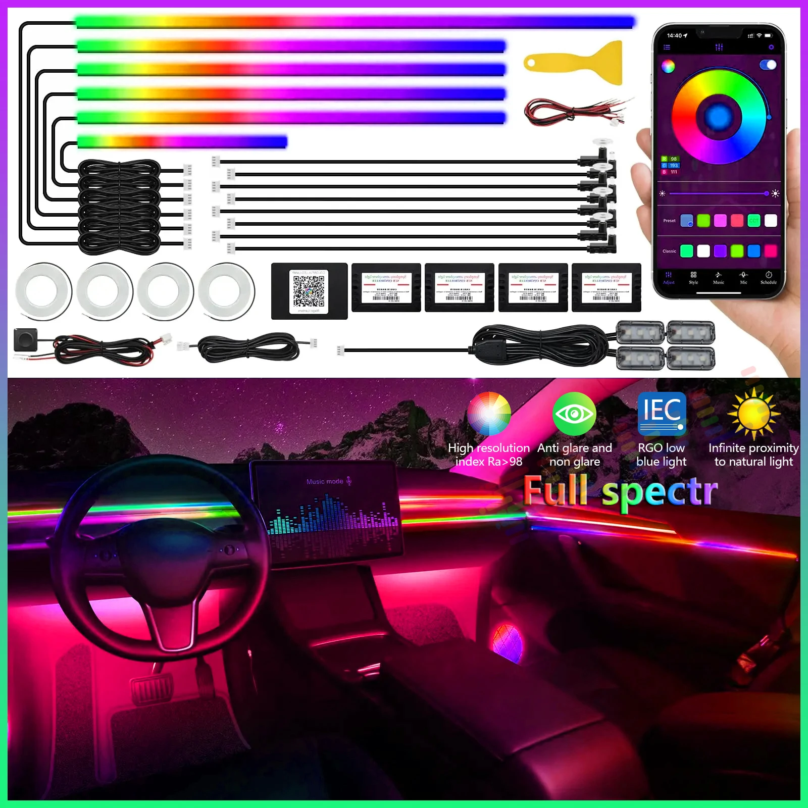 

22 In 1 Neon Car LED Interior lights Ambient Car Lights Decorative Acrylic Strip Car Lamp For BMW Audi Tesla Honda Toyota BYDEtc