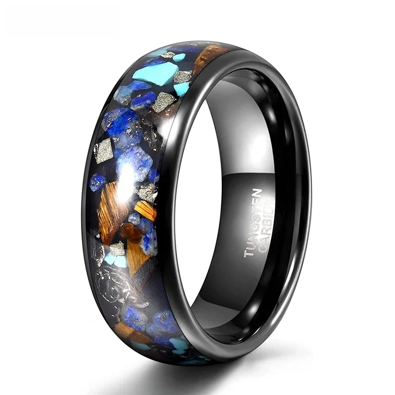TIRGADE 8mm męska opaska ślubna czarna wolframowa pierścień Galaxy Opal Ring naturalny turkus i tygrysie oko kamienie inkrustowane wysoki polski kopuła — zdjęcie 2