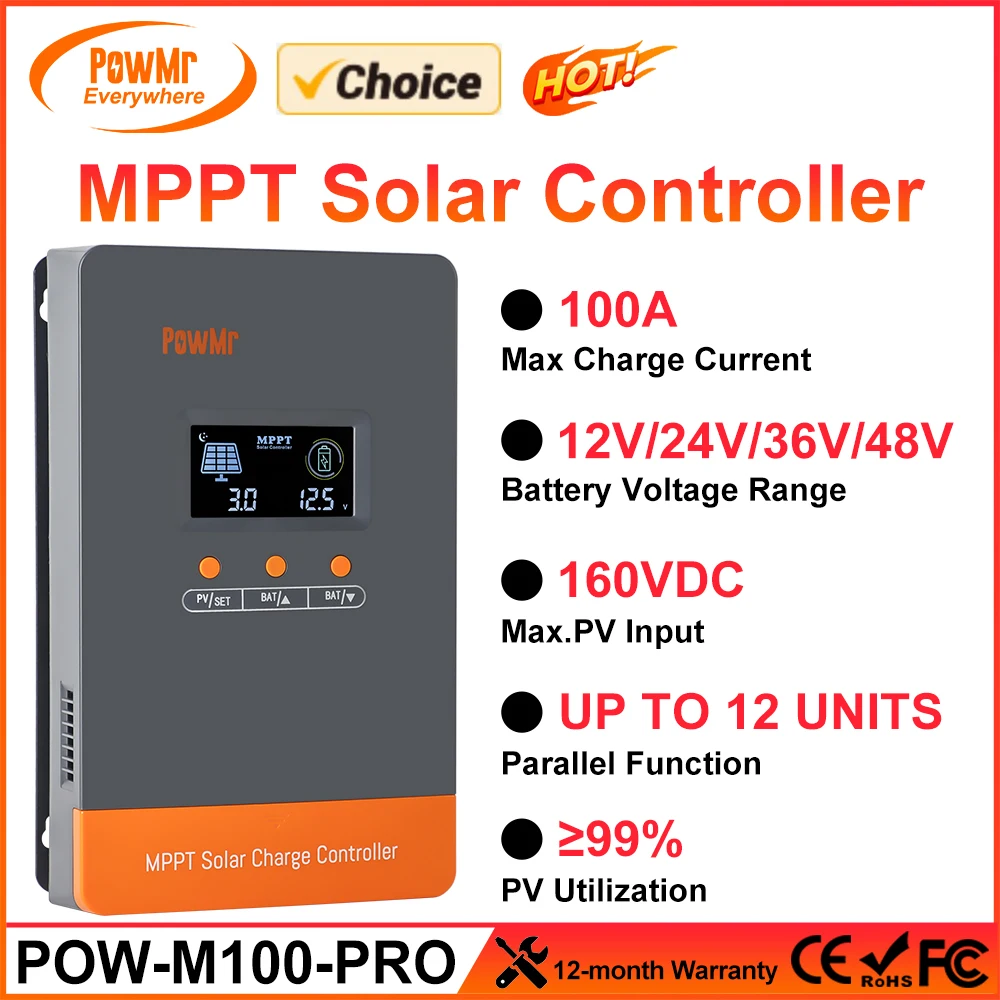 PowMr Choice 100A MPPT Solar Charger Controller for 12V 24V 36V 48V Battery for PV 160V Solar Panel Regulator LCD Parallel 12 PC