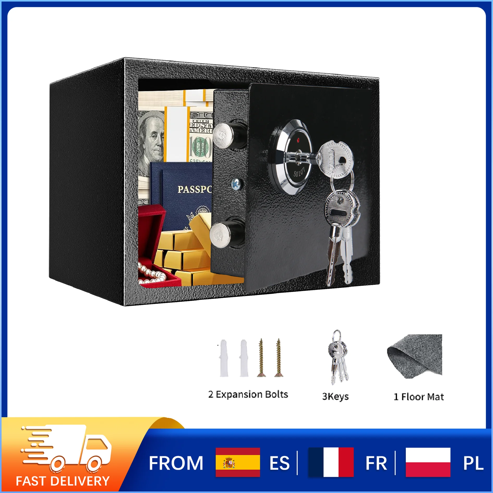 Caja de seguridad con cerradura que funciona con llave, cerradura doble de alta seguridad de acero de hierro para documentos de dinero, objetos de valor, llaves de emergencia incluidas