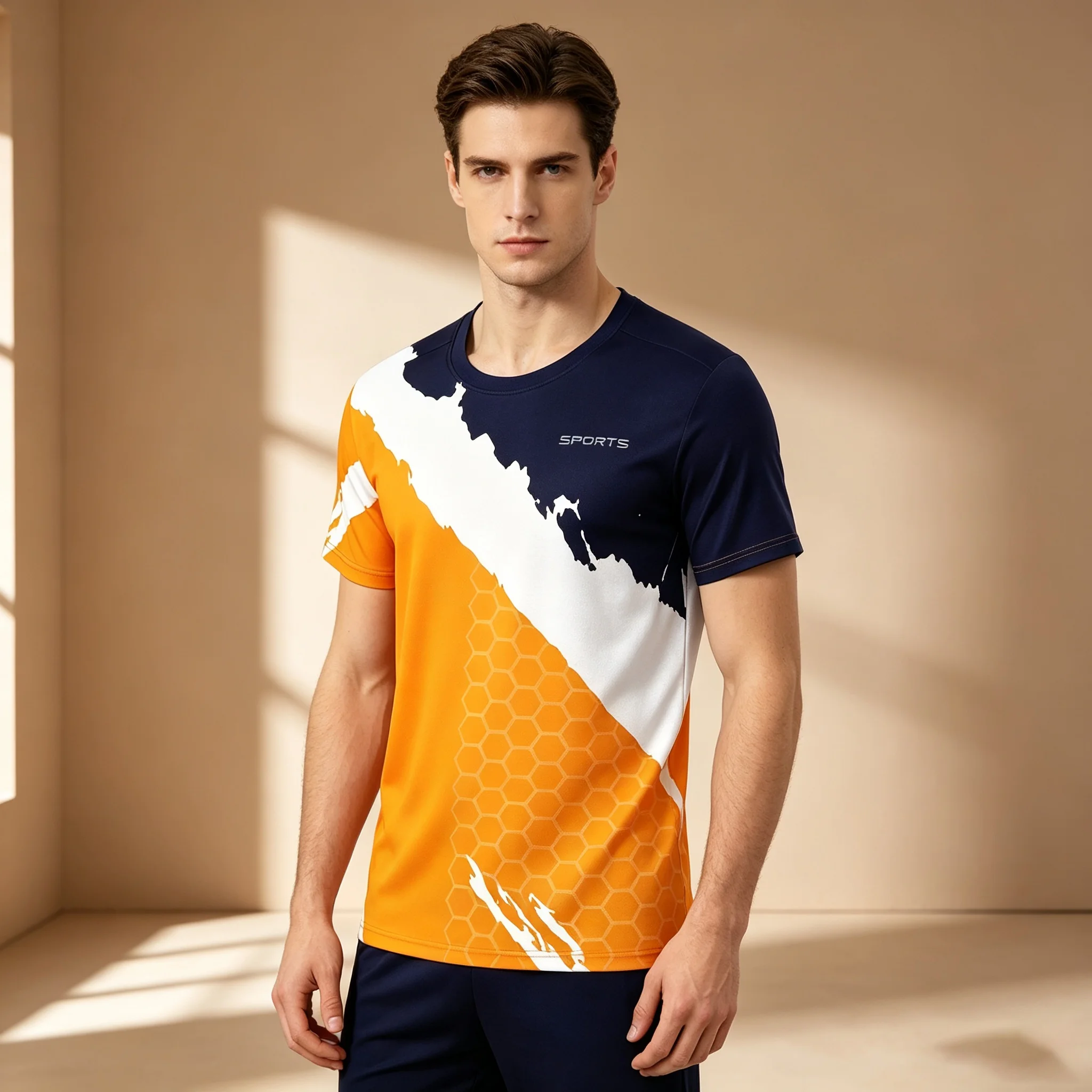 2026 New Men Gradient Hexagonal Texture Tee Dark Blue Orange White Short Sleeve Breathable Sports Casual Tops