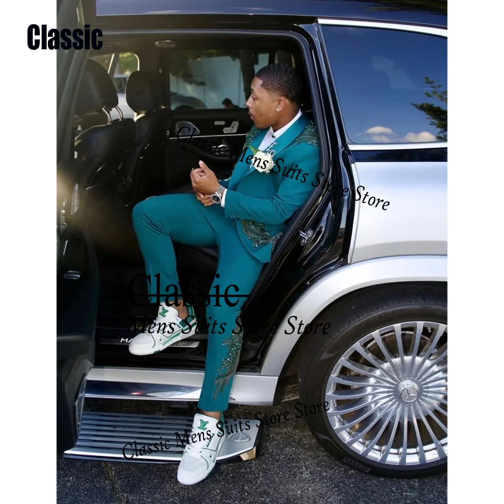 Sparkly Sequin Men Suits 2 Pieces Sets Customized Rhinestone Male Party Blazers Groom Wedding Tuxedos Slim Jewelry Costume Homme
