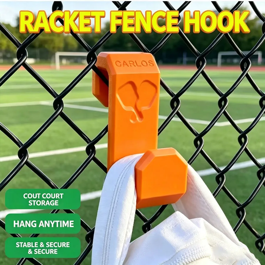 Tennis Pickleball Court Hook, Wall Mount Fence Hanger Racket Pattern Hook for Outdoor Sports Clothes Backpack Towel Storage