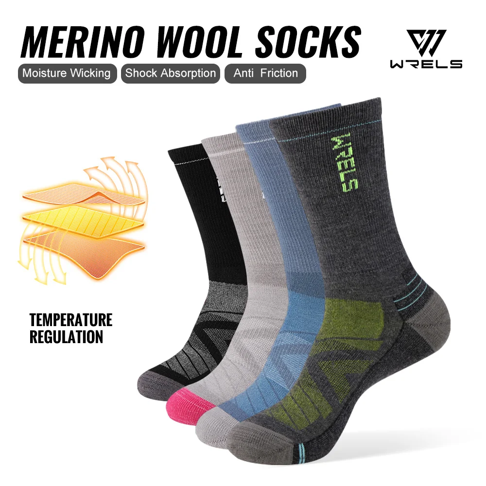 WRELS 1/2/3pairs Merino Wool Running Hiking Socks Compression Thick Cushion Winter Socks Moisture Wicking Breathable Socks