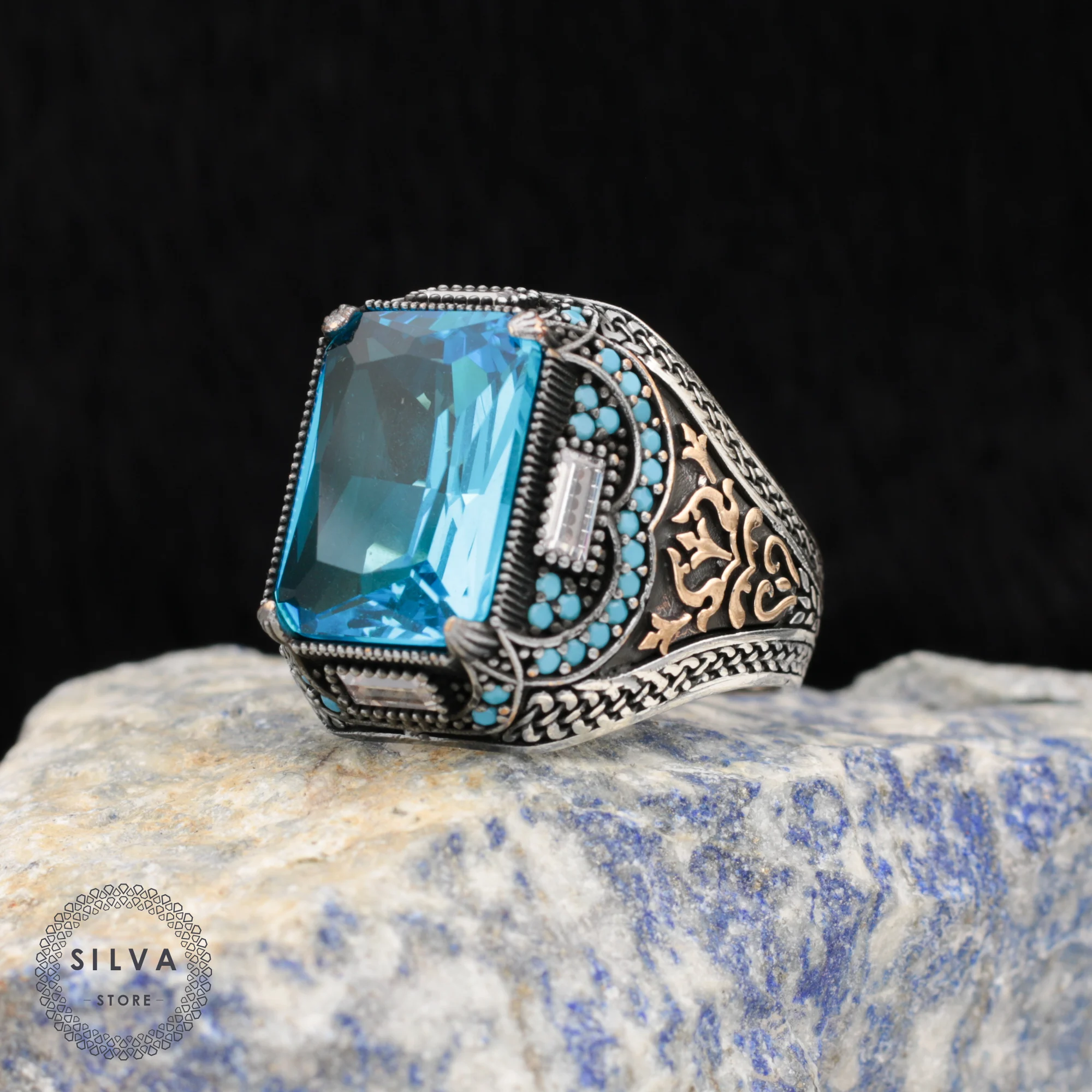 

Original 925 Silver Men's Ring With Aquamarine Zircon Stone Turkish Man Jewellery Male Gift All Sizes Available