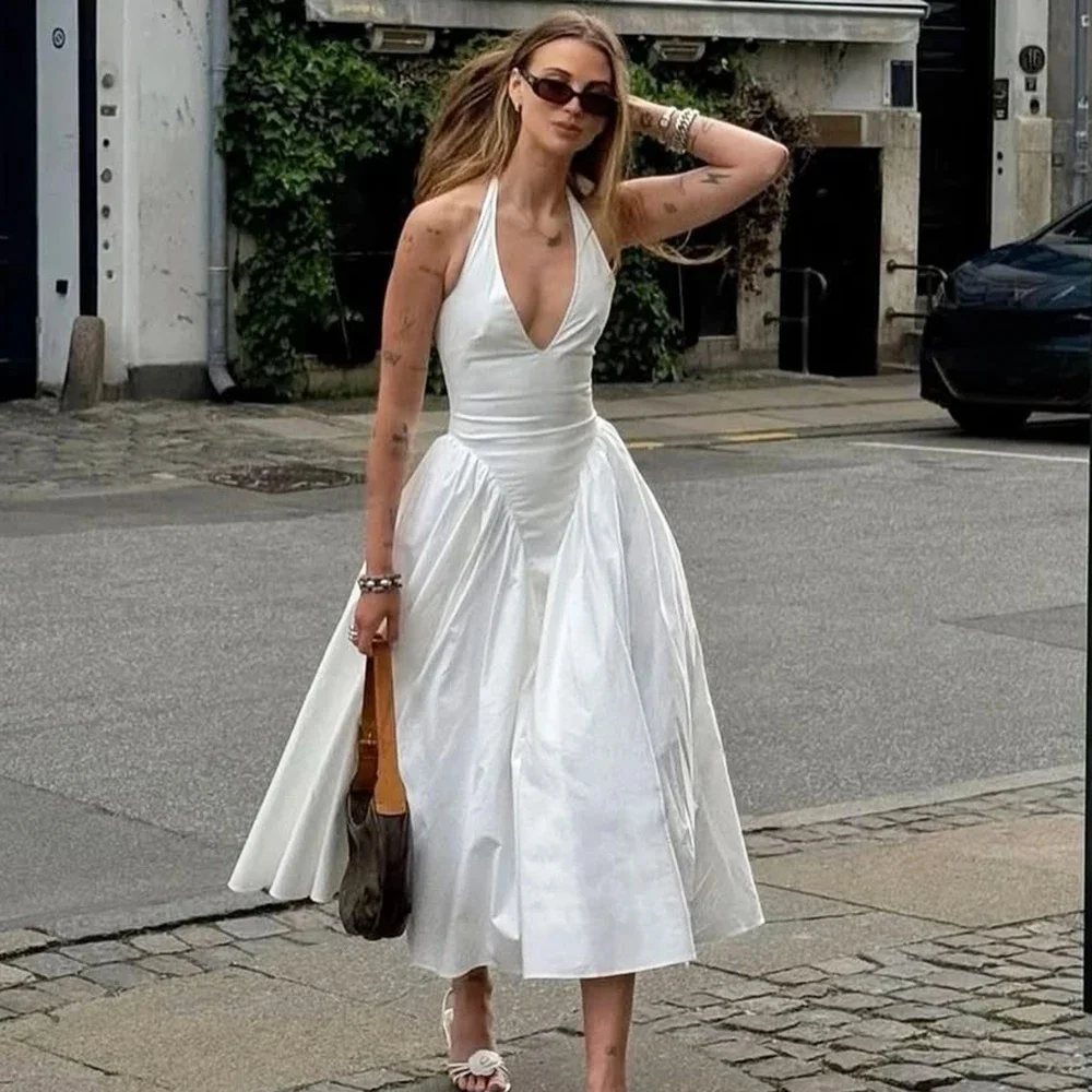 Talenza Backless Diepe V Gesplitste Lange Jurk Zomer Sexy Feestjurk Voor Dames Halter Nieuwe Mode Slanke Witte Mouwloze Lange Jurk - afbeelding 2