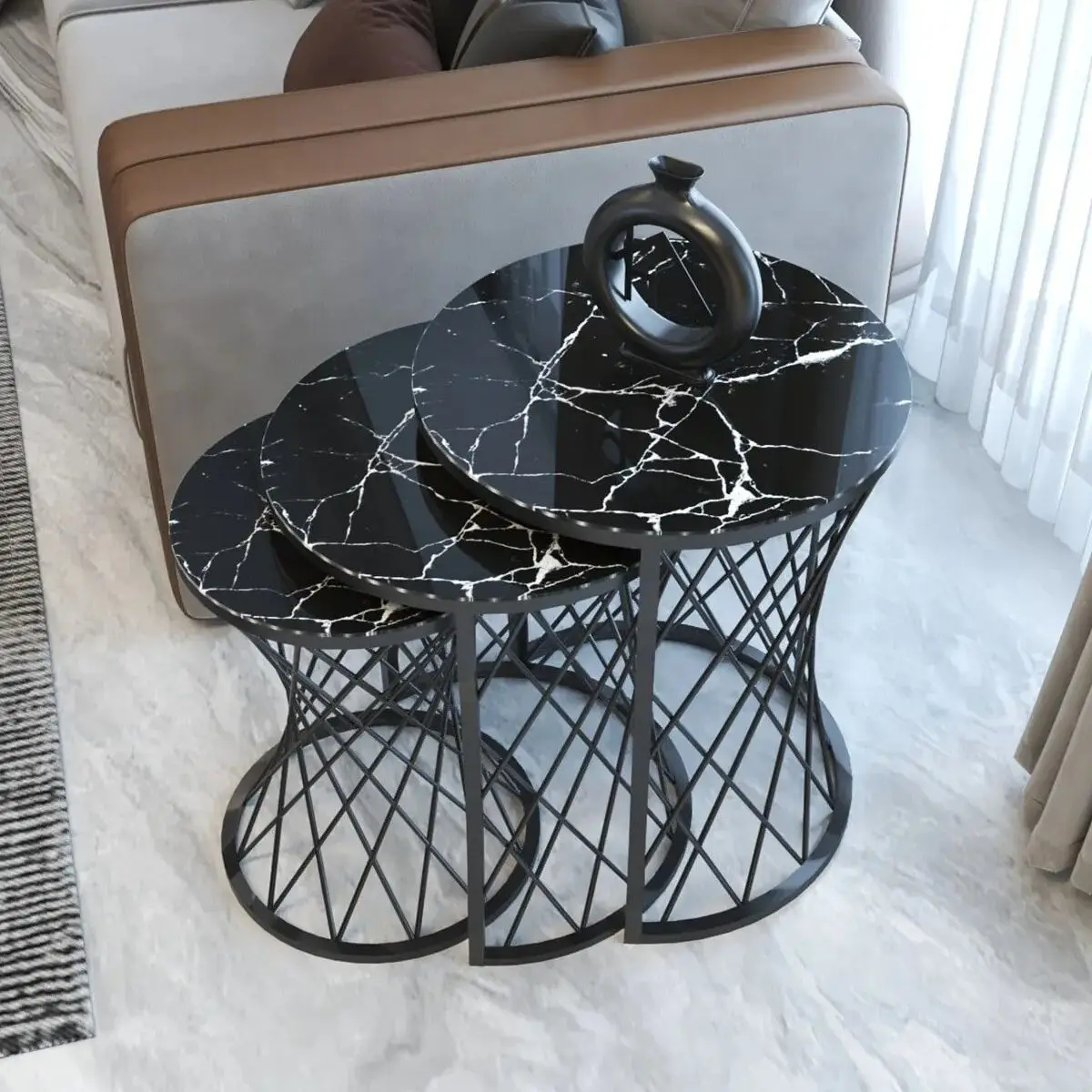 Marble Set of 3 Nesting Table Wicker Leg Unbreakable Tempered Glass Black 3 Pcs Decorative Nesting Table Set for Living Room