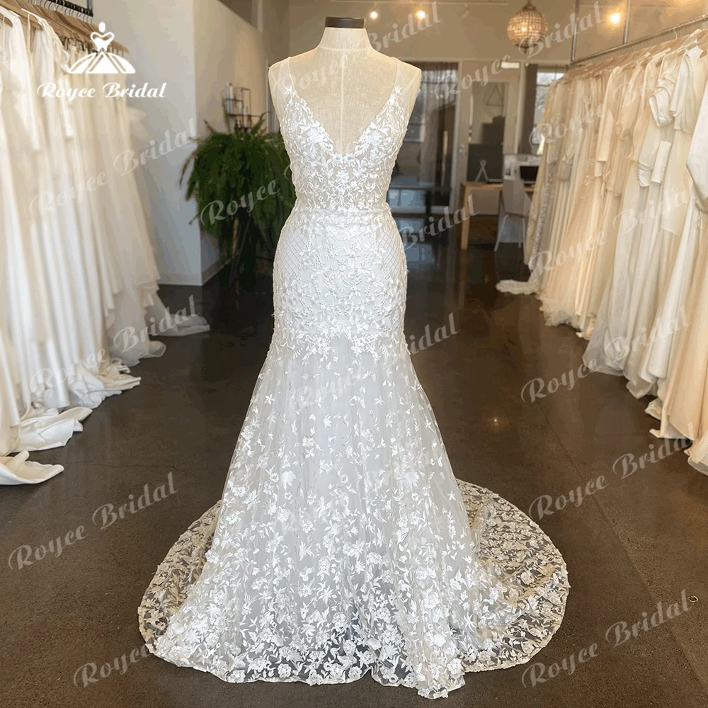 Sexy tiefe V-Ausschnitt ärmellose Spitze Applikationen rücken freie Meerjungfrau Brautkleid für Frauen Boho Brautkleider Sweep Robe de Mariée