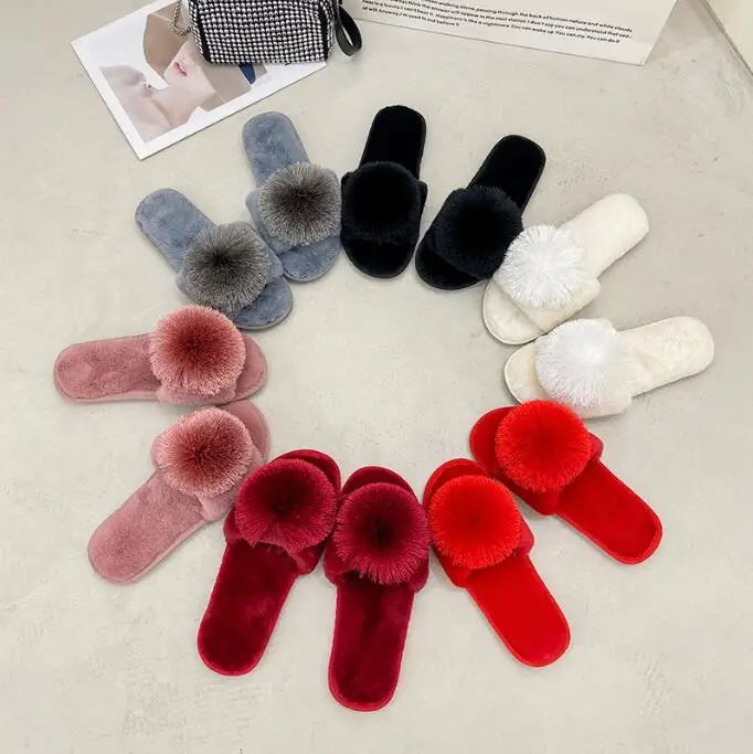 Taomengsi new fur ball slippers thickened plush home women\'s soft-soled non-slip floor open-toed red slippers all the year round