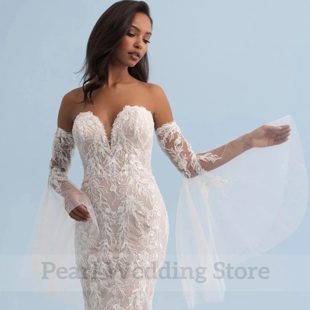 Pmwrun Luxury Mermaid Wedding Dress Sweetheart Applique Tulle Bridal Long Sleeve Formal Marriage Gowns for Beach Seaside