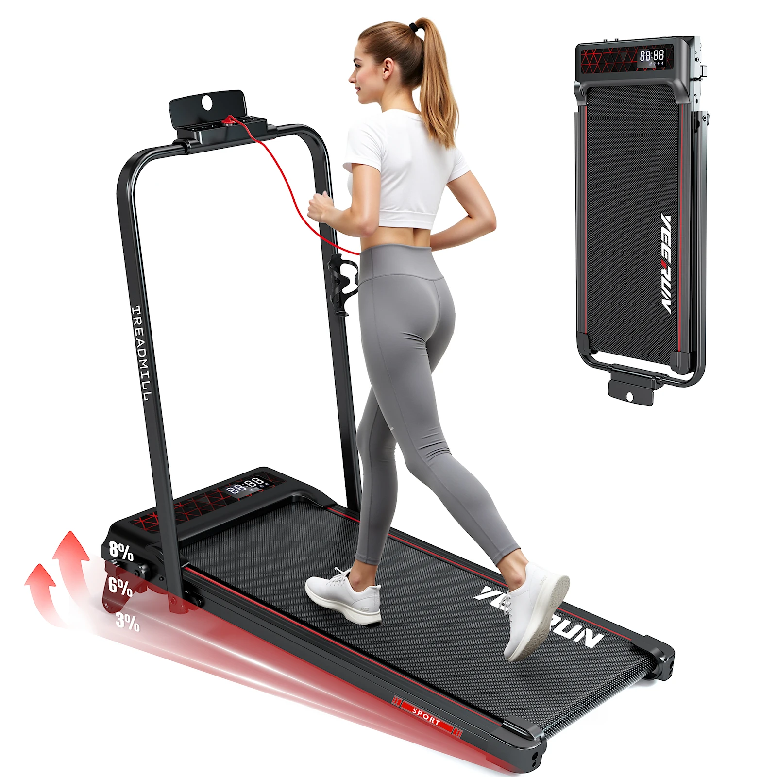 Tapis de course pliable 4 en 1 pour maison, inclinaison manuelle 9%, moteur 2.5 HP silencieux, vitesse 1-12 km/h, marche escalade course travail, pliable gain de place, charge 100kg