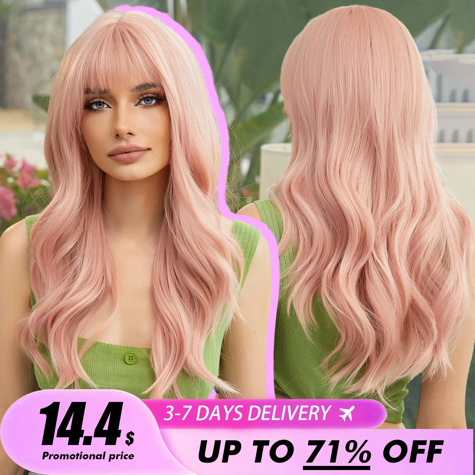 Element lange Körper lockige synthetische Perücke mit Pony Grapefruit rosa Haar Perücken für Frauen tägliche Party Cosplay hitze beständig