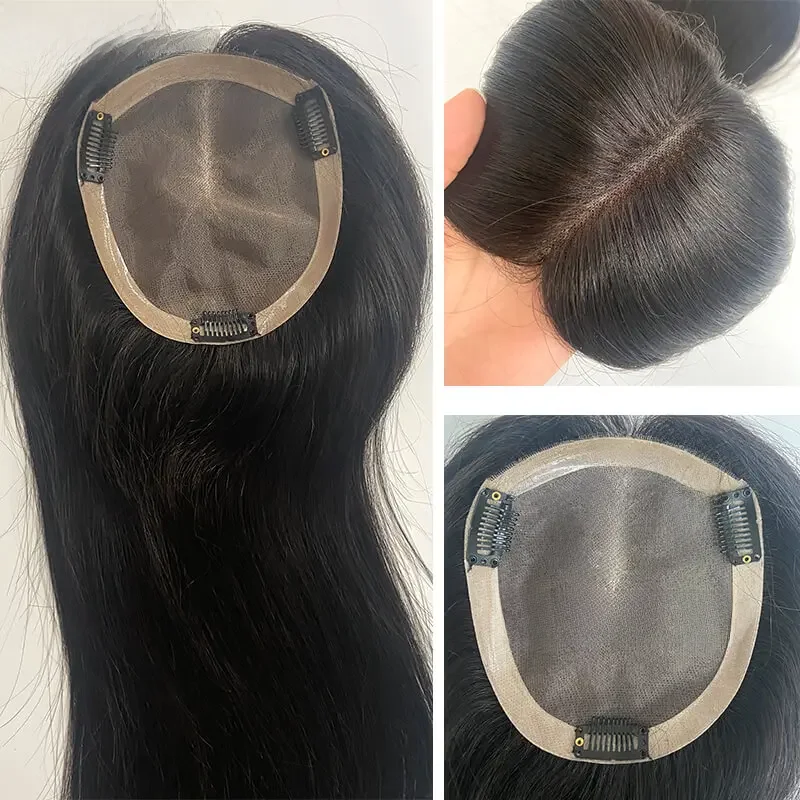 Fijne Mono & Pu Basis Menselijk Haar Topper Met 3 Clips Op Steil Menselijk Haar Toppers Voor Vrouwen 100% Remy Menselijk Haar Pruiken Haarstukken - afbeelding 2