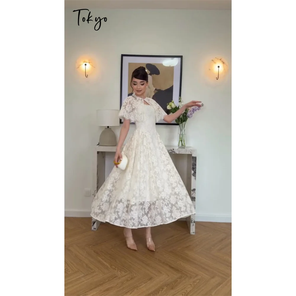 Tokyo Elegant Vintage White Lace A Line Dress High Waist Floral Lace Bridal Shower Short Cape Middle Dress Evening Party 2026