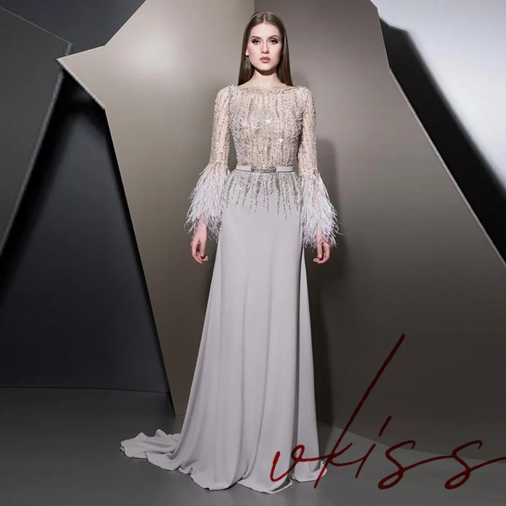 Customized Illusion Top A-Line Feather Evening Gown Scoop Neck Long Sleeves Beaded Sequin Chiffon Skirt Special Occasion