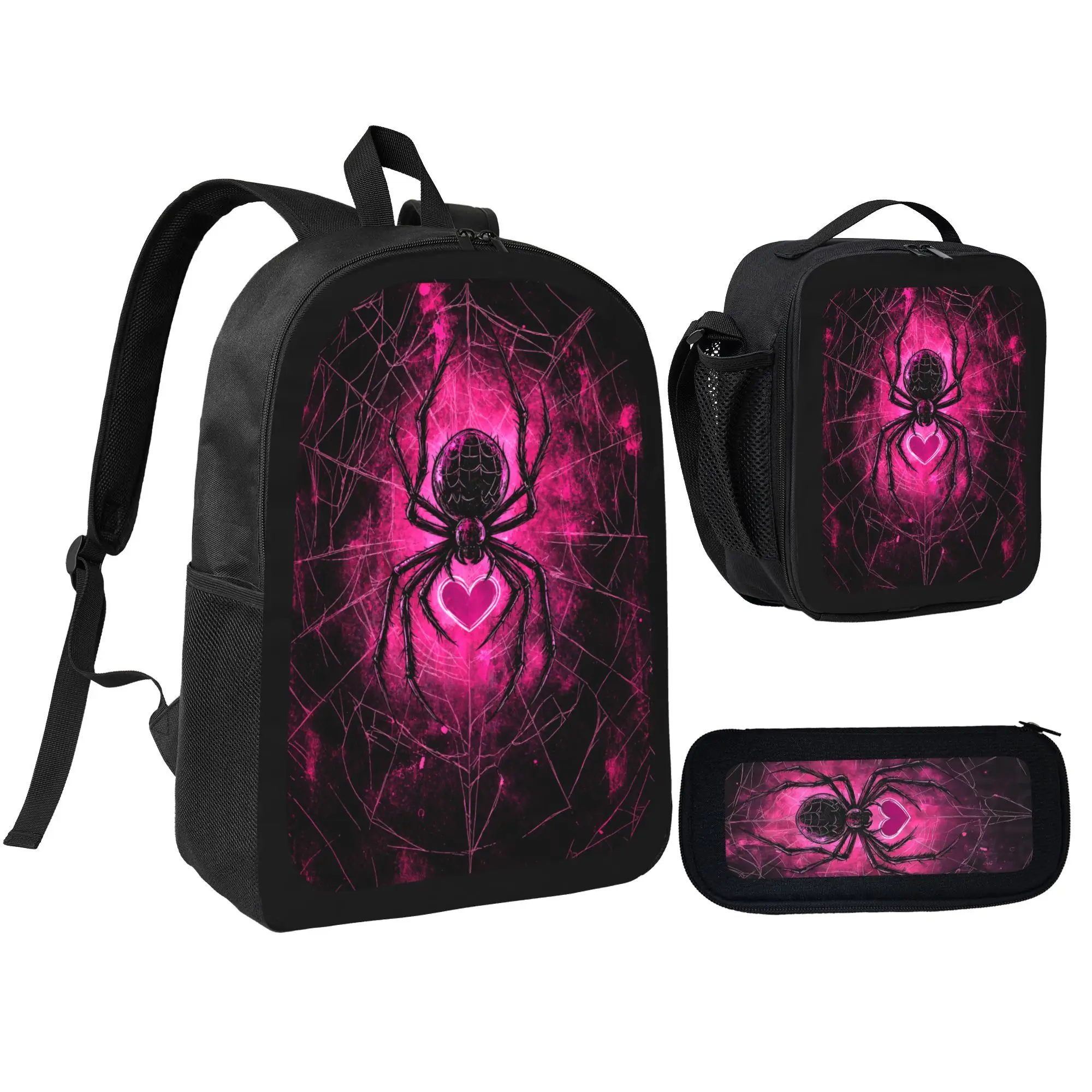 3Pcs Gothic Spider Heart Print Backpack Set with Matching Lunch Bag And Pencil Case for Teens Black-Pink Back to School Essential Ideal Birthday Gift