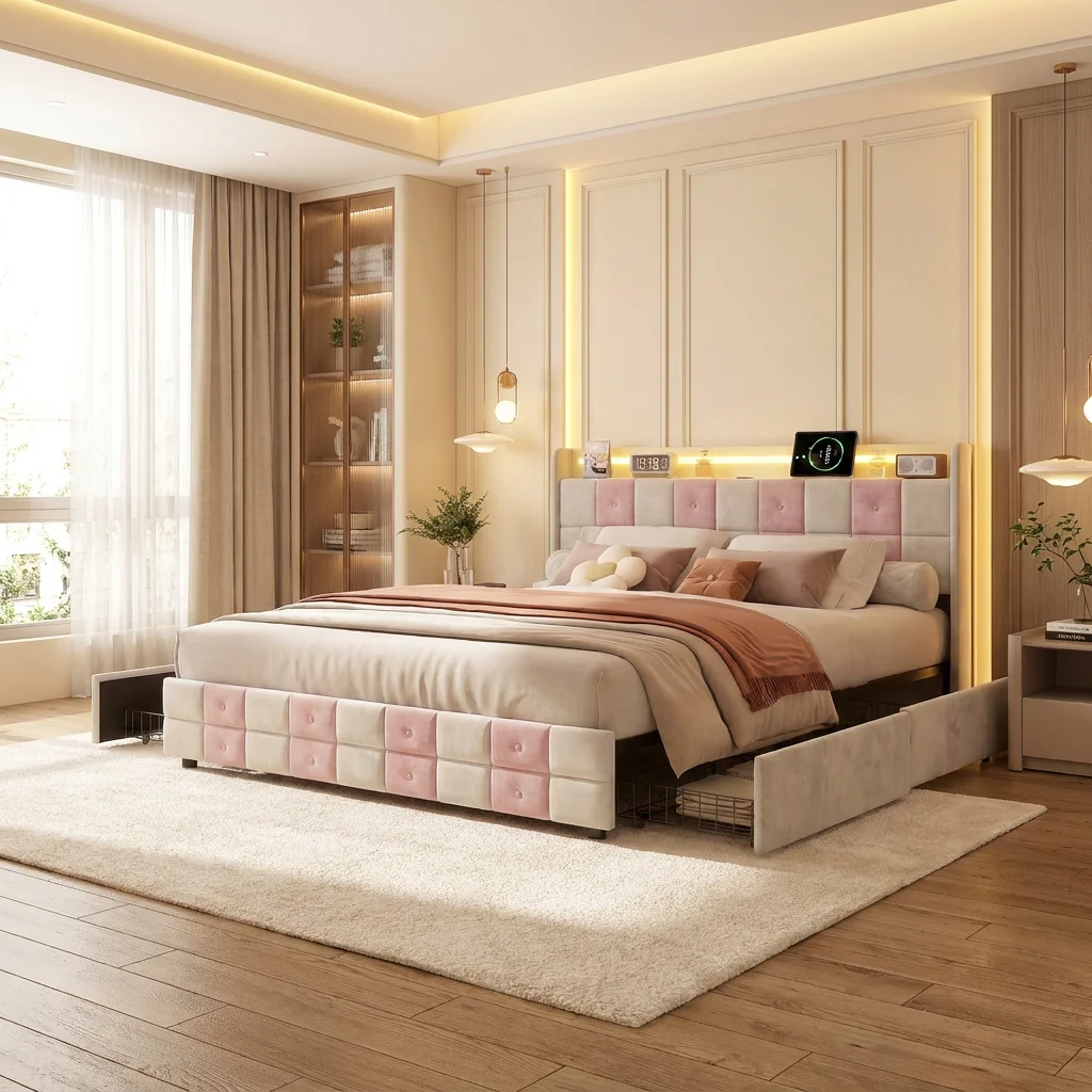 Superaly Cama doble tapizada de 140×190 cm con 4 cajones con ruedas y luces LED, cama con cajones y carga USB, diseño estilo caramelo rosa-blanco