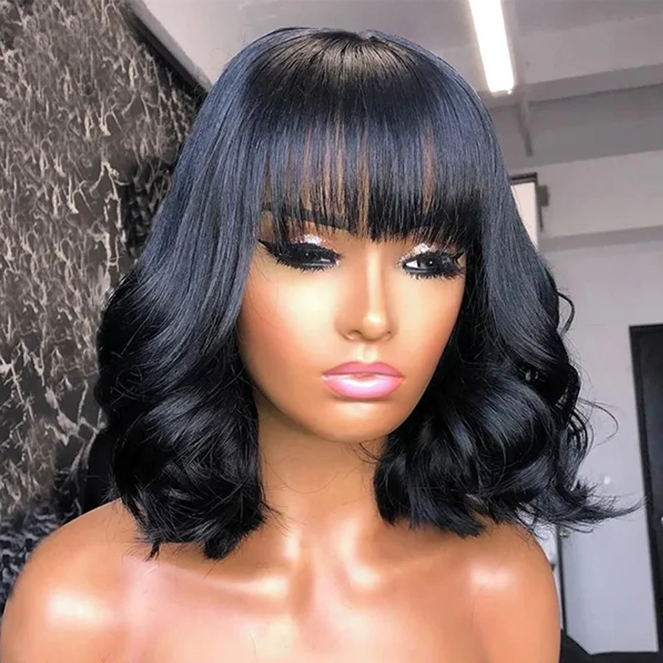 Short Bob Wig Loose Body Wave Wig With Bangs Brazilian Remy 100% Human Hair Wigs For Women Full Machine Glueless Wavy Bob Wigs