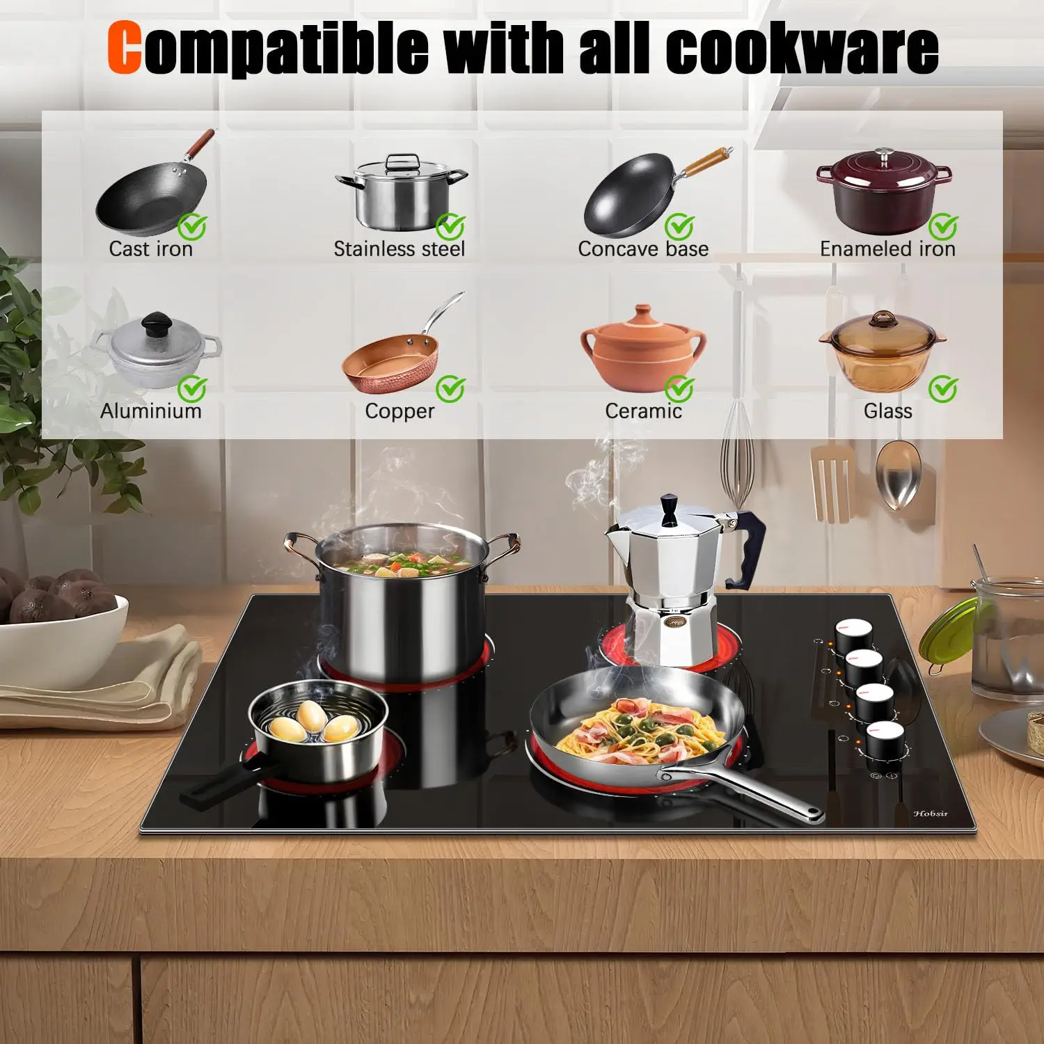 موقد كهربائي 30 بوصة، موقد كهربائي مشع مدمج مع 4 شعلات، موقد بإطار معدني للحماية الزجاجية، 6700 وات