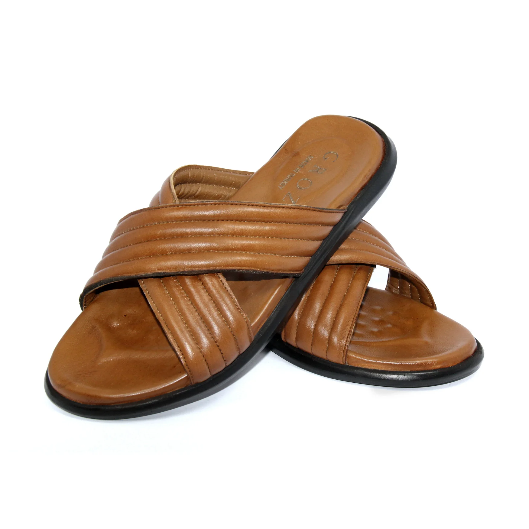 GROZ Camel Tobacco Light Brown Leather Slippers, Real Calfskin, Soft Striped Lightweight Sliders Outdoor Sandals, Summer