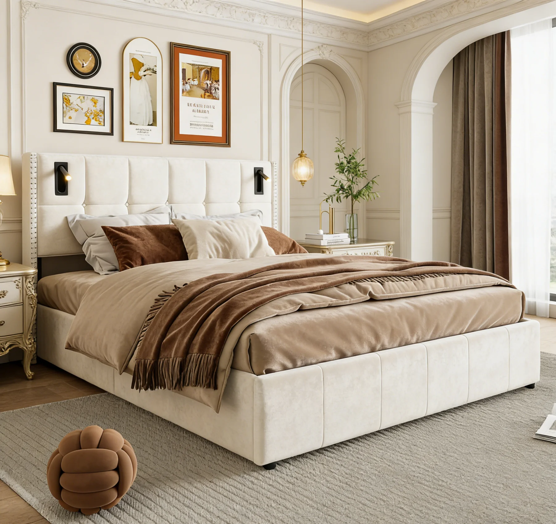 Gasdruckbett mit Leselampe, gepolstertes Doppelbett, Jugendbett, mit gepolstertem Kopfteil, Lattenrost, beige