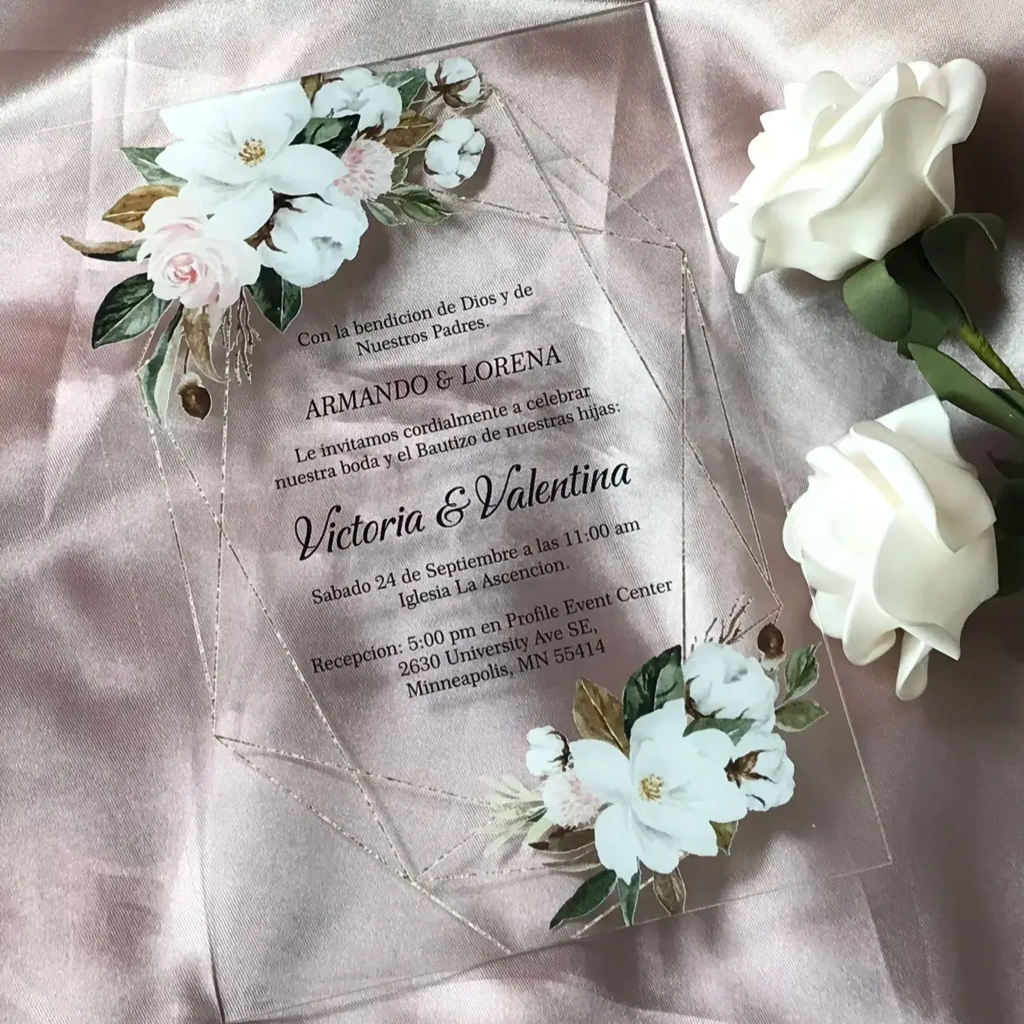 

Акриловое Свадебное приглашение на заказ, приглашение Quinceanera, искусственное розовое, белое цветочное, искусственные карты, 10 шт.