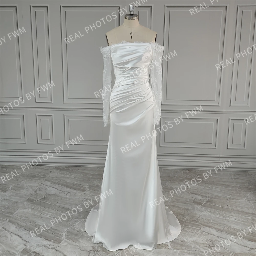 2315 #   Personalizado estilo coreano simples mangas compridas ilusão plissado renda vestido de casamento elegante vestido de noiva para mulher personalizado