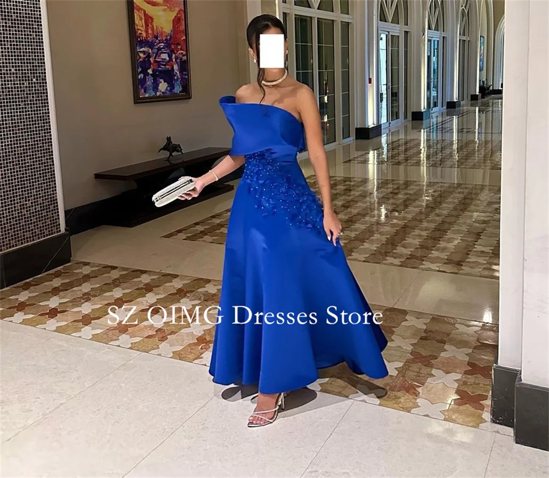 

OIMG Dubai Mordern One-Shoulder A-Line Prom Dresses Evening Dress Blue Satin Beads Women Evening Gowns Formal Party Dress