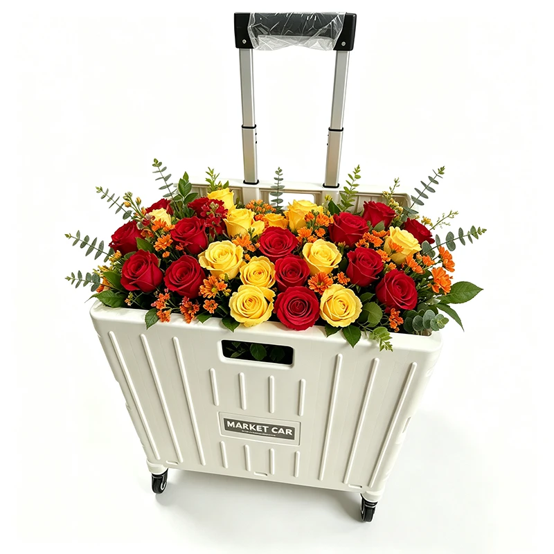 Portable Collapsible Market Rolling Cart, Foldable Plastic Storage Crate with Telescopic Handle & Silent Wheels, Multi-Purpose Trolley for Supermarket Shopping, Receiving Packages, Picnic & Household Storage