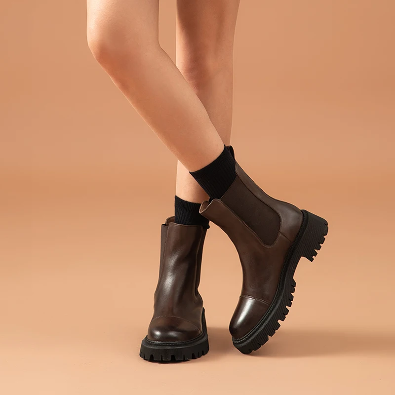 Botas de tornozelo chelsea para mulheres, couro genuíno de vaca, cinta elástica, sapatos femininos, feitos à mão, A02379, hoje não, primavera, outono