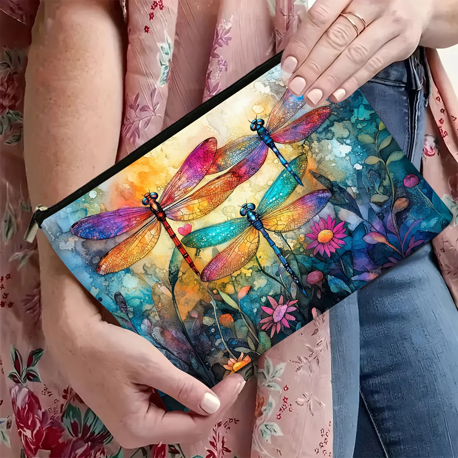 1Pc Dreamy Watercolor Dragonfly Floral Retro Design Multifunctional Travel Makeup Bag, Snack Storage Bag, Stationery Storage Bag, Fashionable Toiletry Bag, Canvas Double-Sided Printing