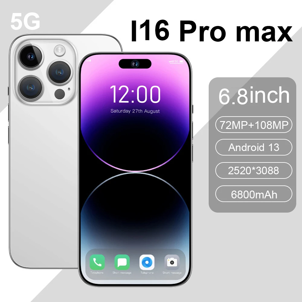 

Brand New Original 16GB+1TB For Smartphone 6.8 inch I16 ProMax Full Screen 4G 5G Cell Phone 6800mAh Mobile Phones Global Version