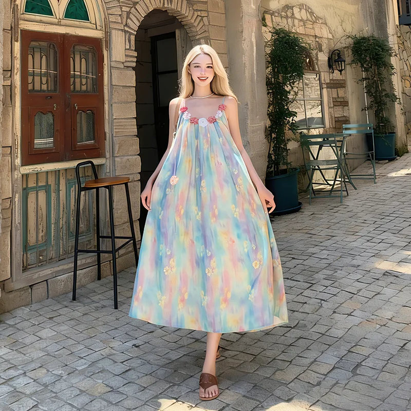 

Women's Gradient Blue Floral Applique Maxi Dress Harajuku Oil Painting Print Strap Loose Fit Beach Vacation Resort Wear Dress