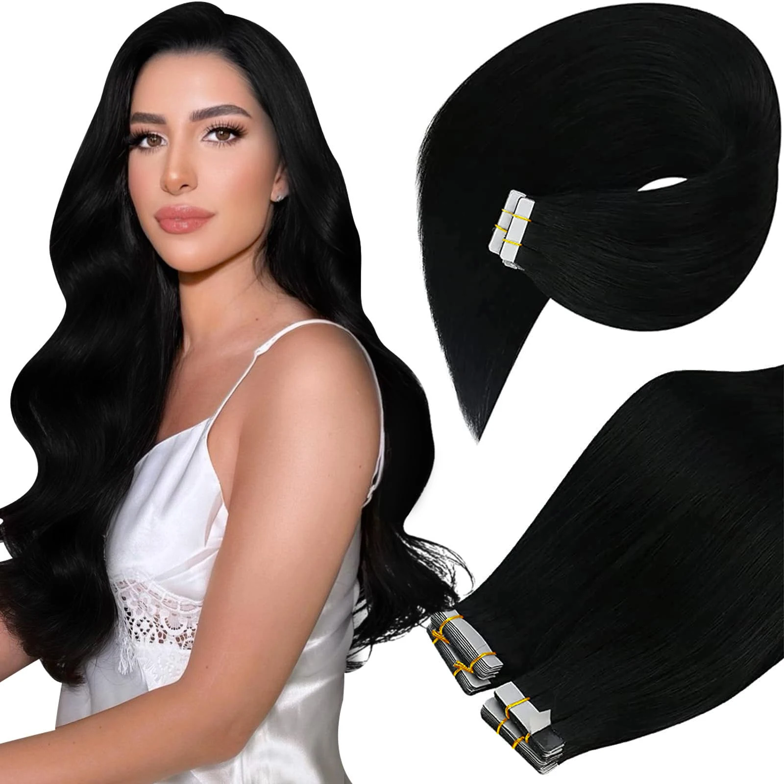 Extensions de Cheveux 100% Naturels Remy Noir de Jais, Lisses, Sans Couture, Trame de Peau, 20 Pièces, 50 g/paquet