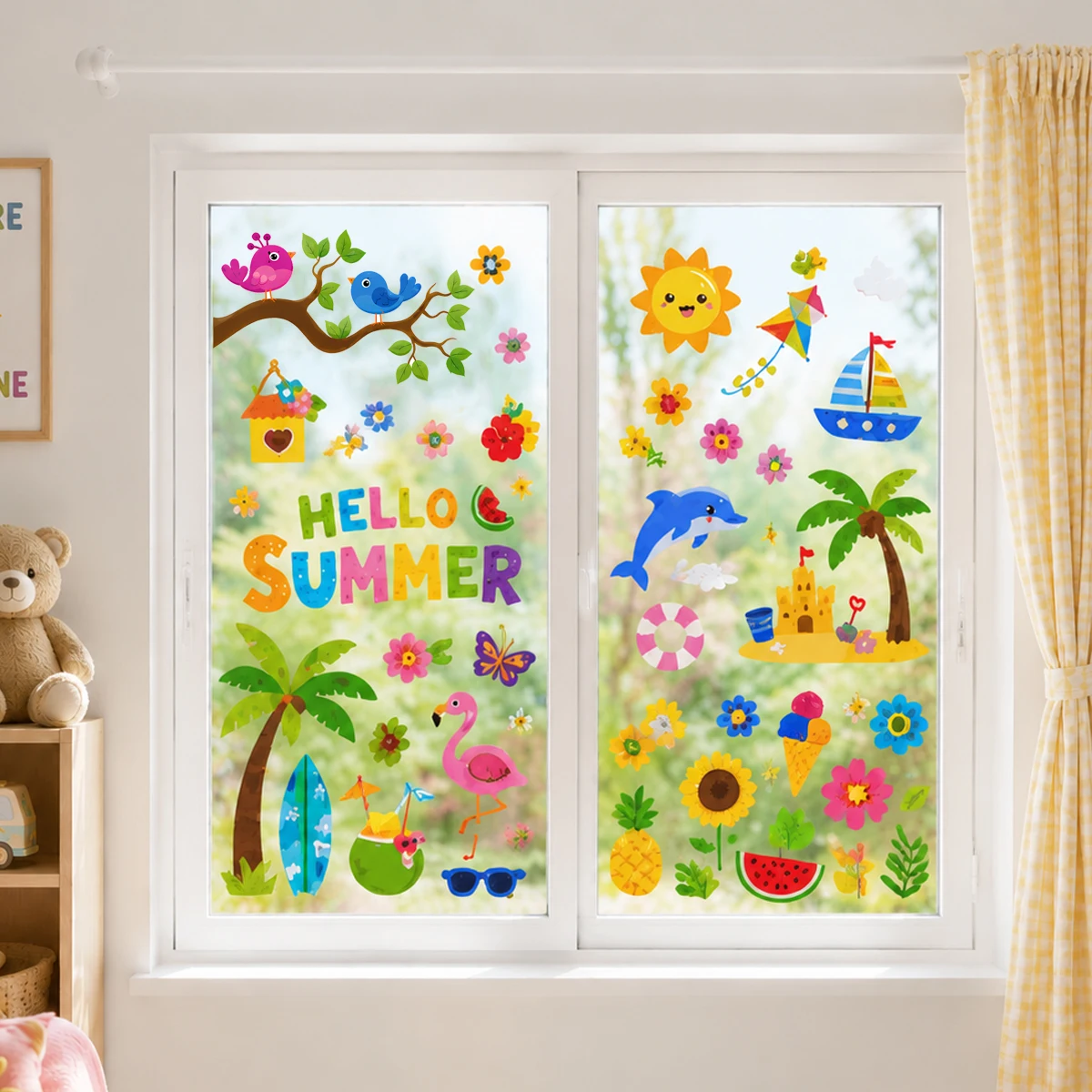 Colorful Summer Window Stickers, Removable Kids Room Glass Decals with Beach, Sea, Dolphins & Fun Elements