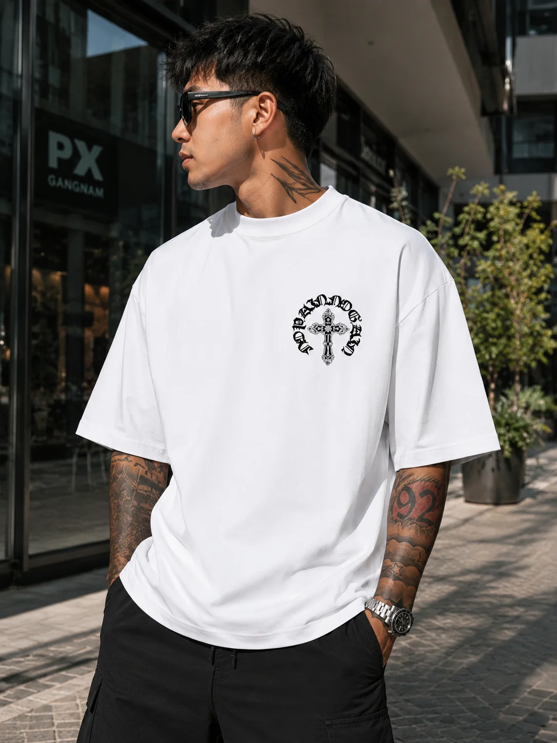 Oversized Vintage Gothic T Shirt Men Streetwear Back Print Cross Graphic Tee Y2K Harajuku Crew Neck Short Sleeve Tops S-XXL view 3