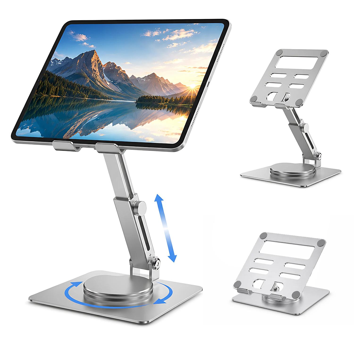 Verstellbarer Tablet Halterung aus Aluminium – 360° drehbarer & höhenverstellbarer Desktop-Ständer für 4–13 Zoll Tablets und Smartphones, klappbar, kompatibel mit iPad, Kindle & mehr – Silber