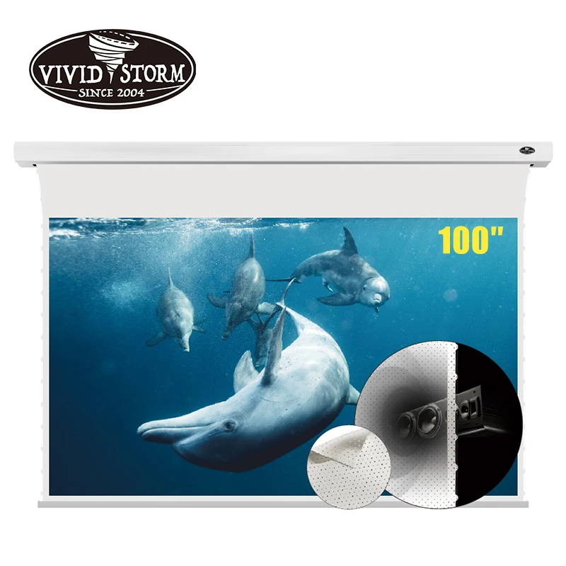 

VIVIDSTORM 100 inch Slimline White Cinema Motorized Tension drop down Projector Screen (Sound Perforated Acoustic Transparent