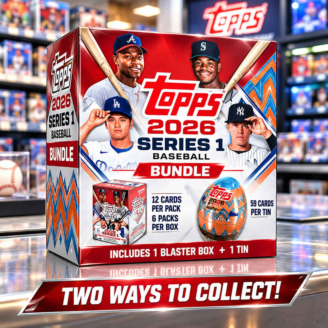 2026 Topps Series 1 Baseball Blaster Box With 2026 Topps Series 1 Baseball Tin, 131 Cards Total, MLB Trading Cards, Spring Training Parallels And Holiday Variations