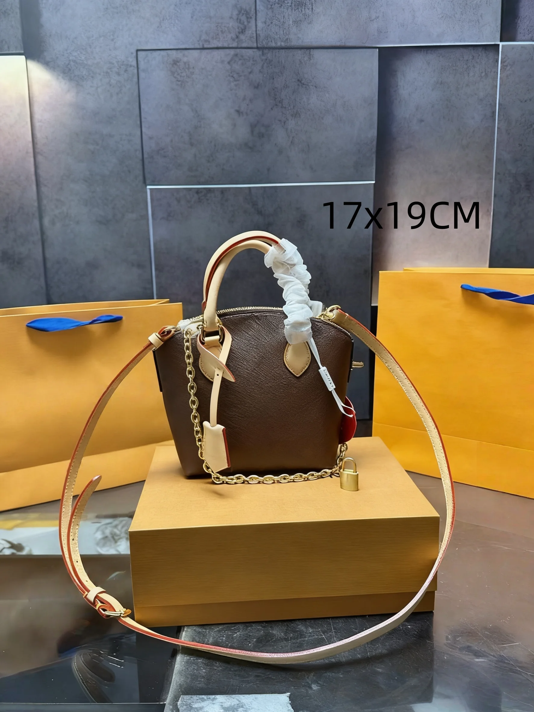 

Women Handbag Brown Textured Leather Golden Chain Lock 17x19CM Trendy Crossbody Shoulder Bag Luxury Style Hot Sale