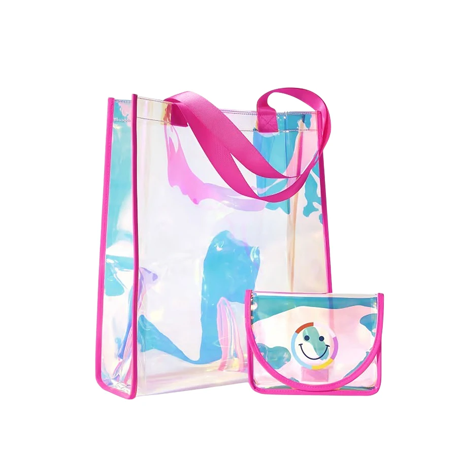 

Large Clear Iridescent Tote Bag with Small Pouch Waterproof PVC Shoulder Handbag Beach Tote Bag for Shopping Travel Swim Bag