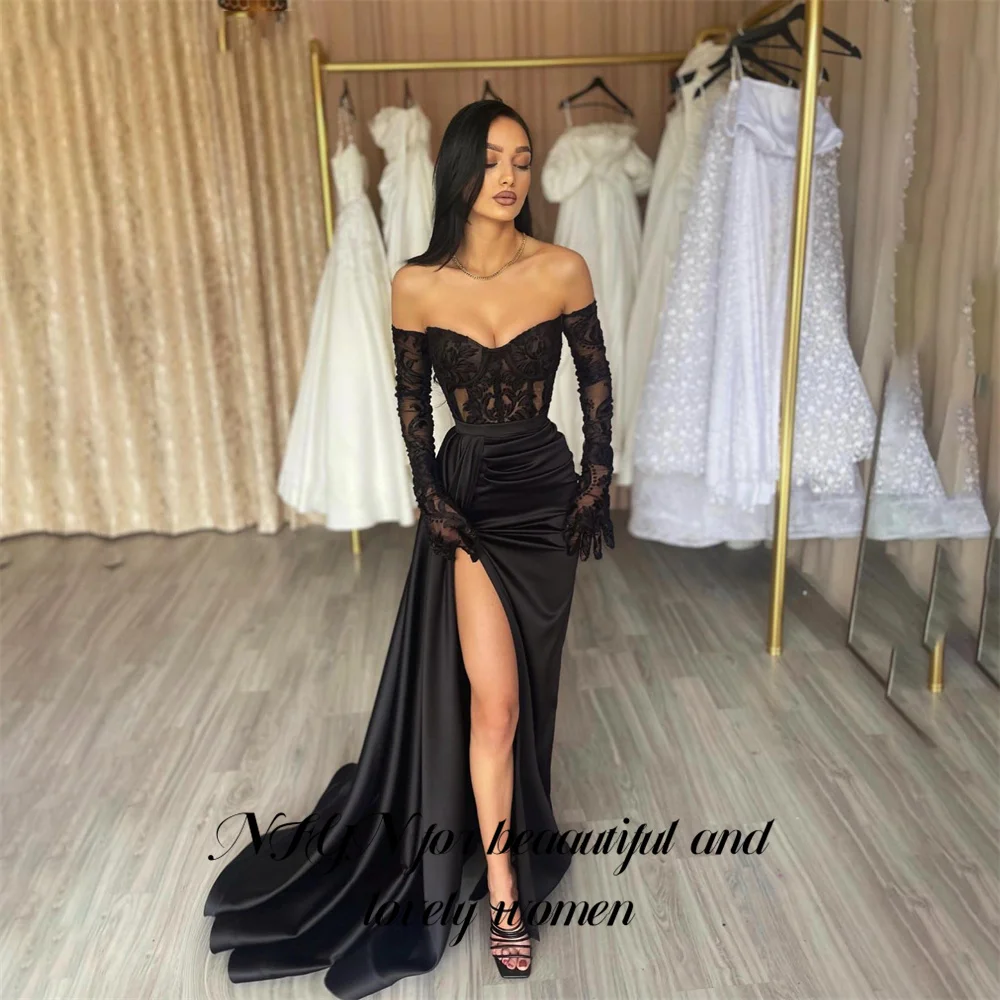 

NFYN Mermiad Black Evening Gown Lace Elegant Prom Dress Pleat Sweetheart Wedding Evening Dress with Side High Split Customized