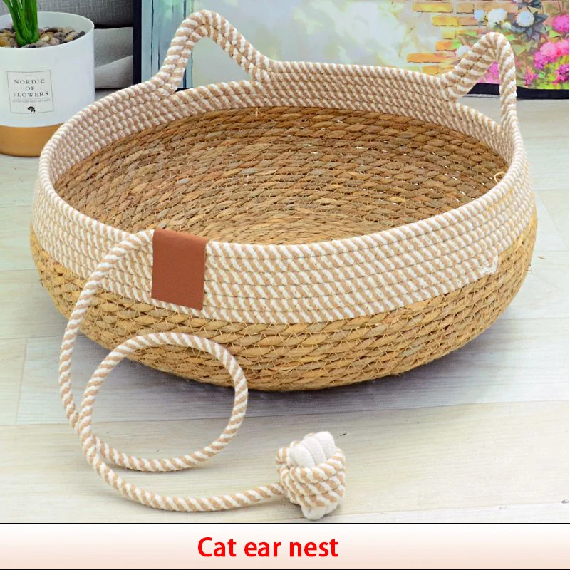 Summer Cat Bed Woven Removable Upholstery Sleeping House Cat Scratch Floor Rattan Wear-resistant Washable Cat Pet Supplies