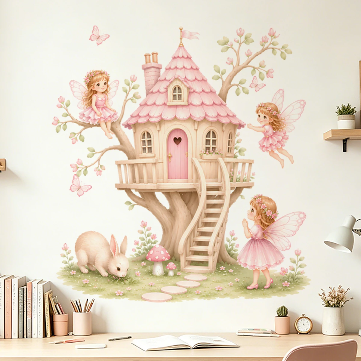 Fairy Treehouse Wall Sticker, Girls Room Bedroom Decal, Pink Fairy Tale Home Decor, Removable DIY Vinyl Sticker
