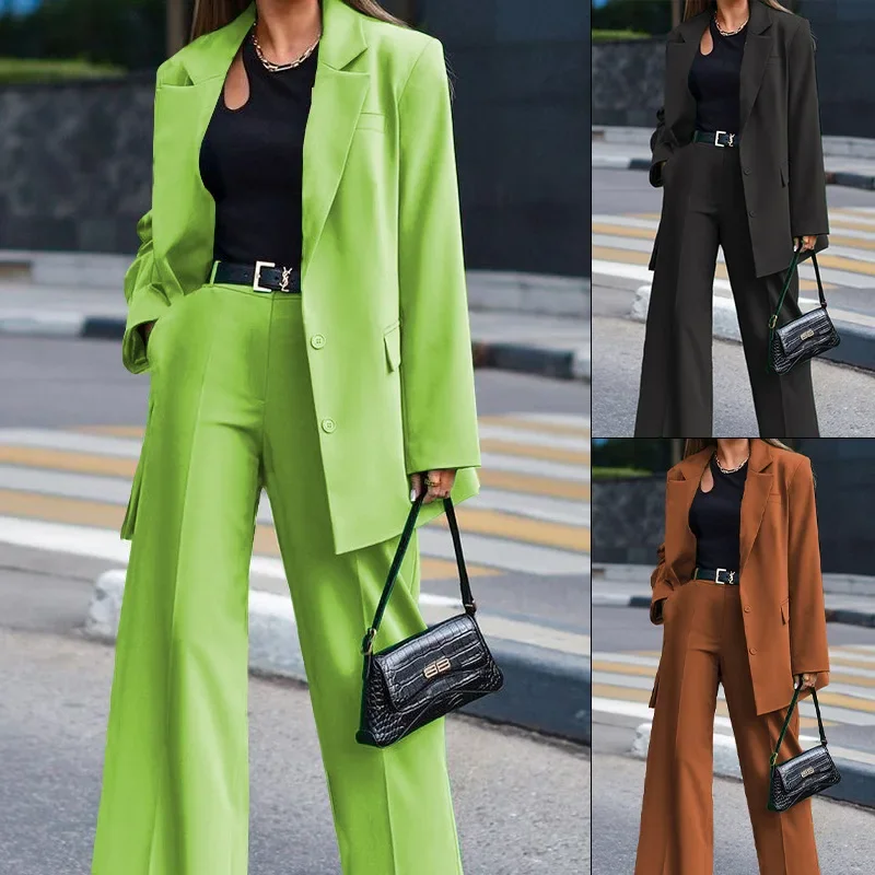 Spodnie damskie garnitur Casual bluza z długim rękawem + szerokie spodnie nogi kobieta 2 sztuki zestaw blezer damska moda elegancka garnitur ze spodniami — zdjęcie 2
